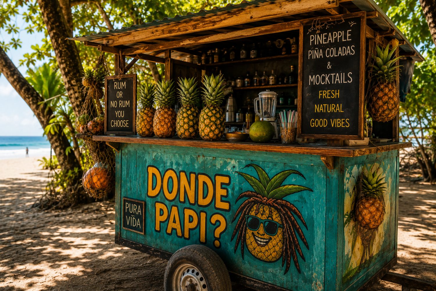 Papi's hand-painted Donde Papi pineapple cart on the beach