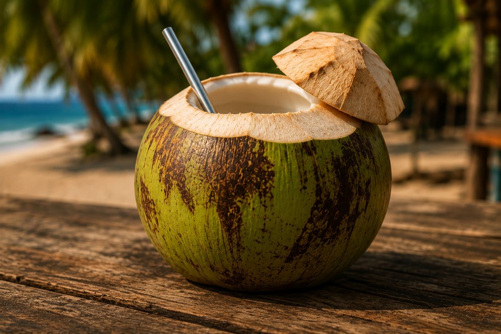 Fresh coconut drink with a steel straw on the beach