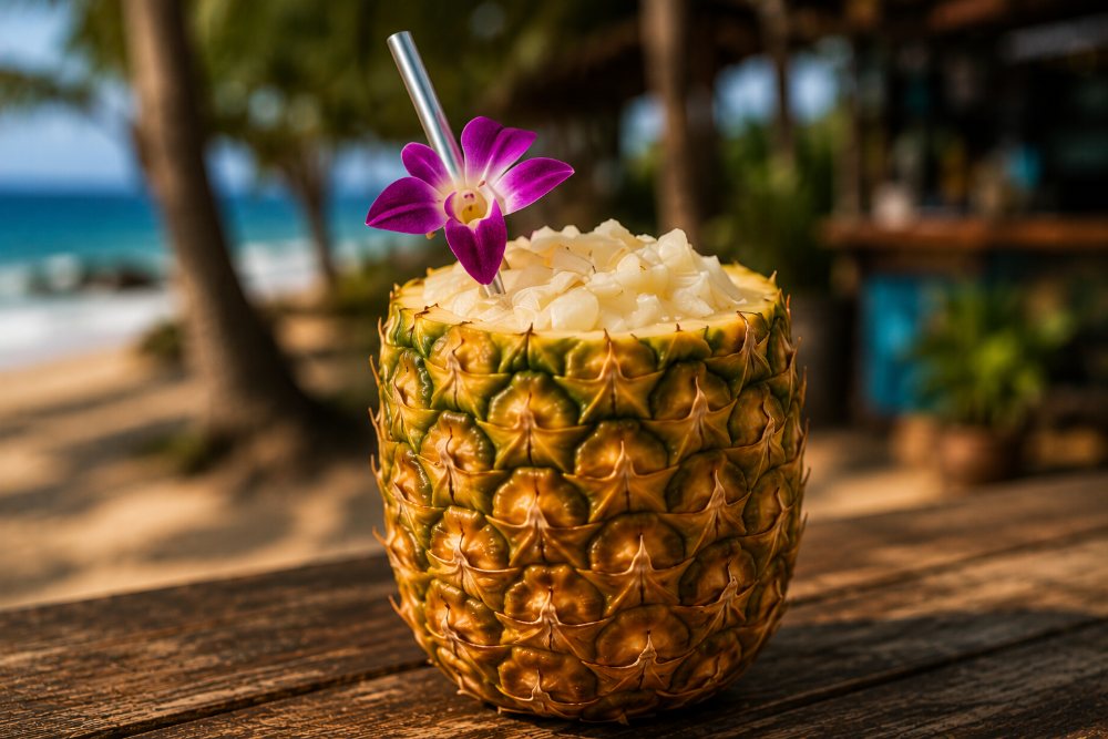 Pineapple piña colada served inside a fresh pineapple