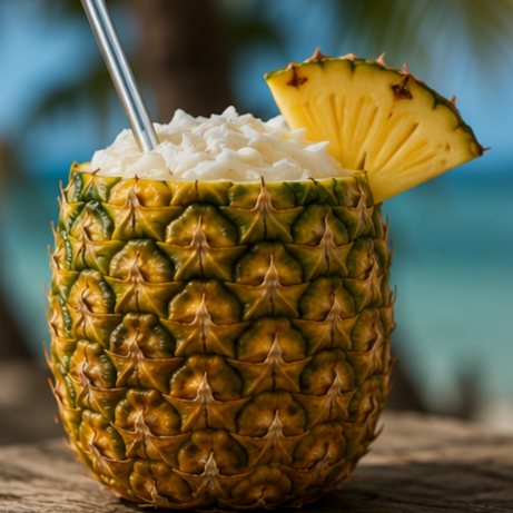 Alcohol-free tropical mocktail served in a pineapple with a wedge garnish
