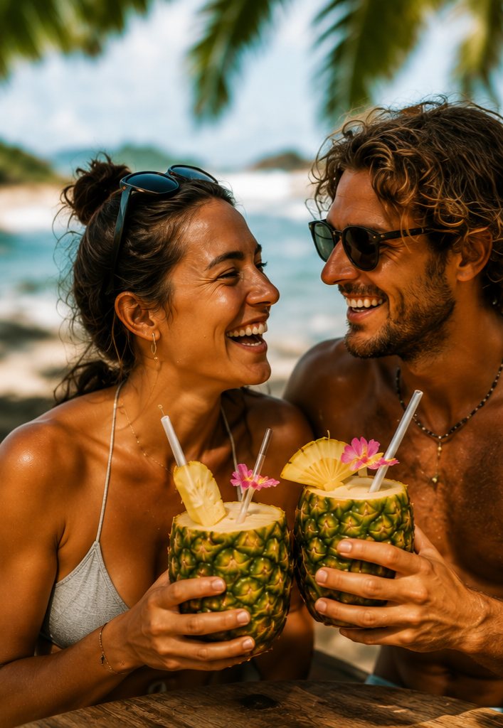 A couple laughing with pineapple drinks on the beach
