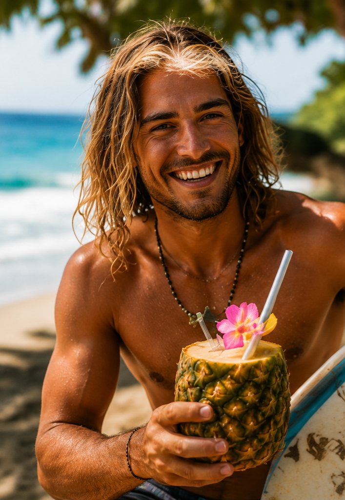 A surfer holding a fresh pineapple drink