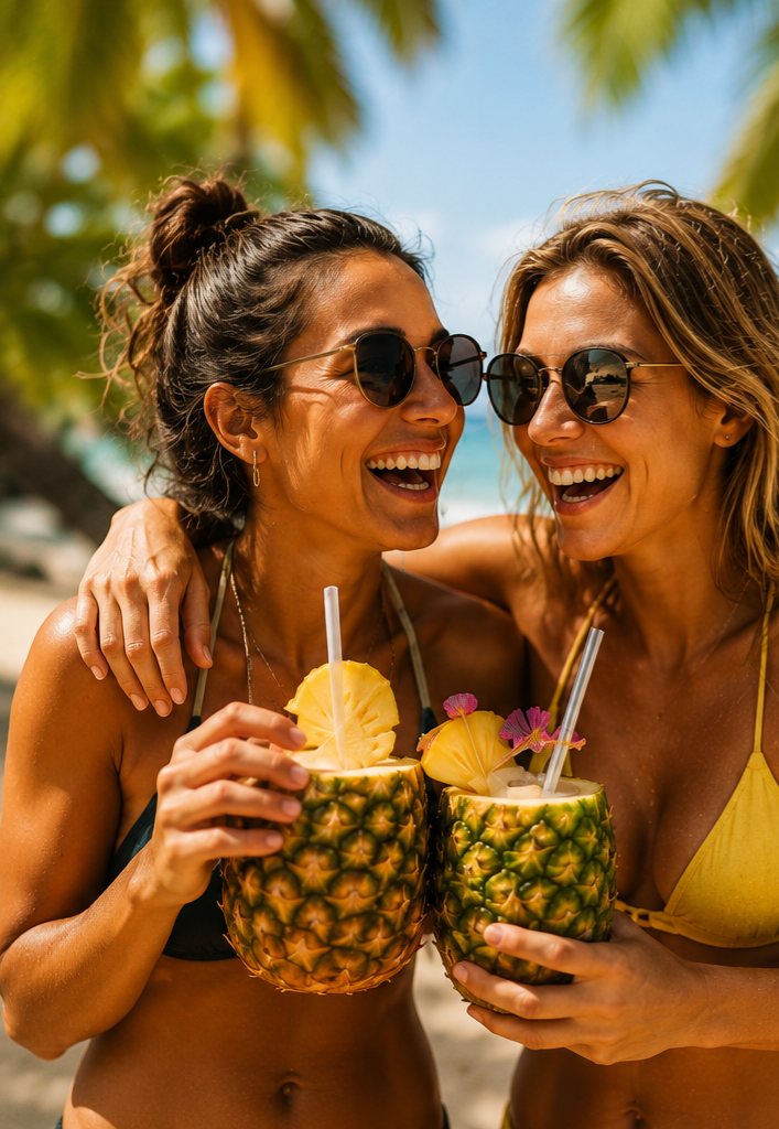 Two friends laughing with pineapple coladas